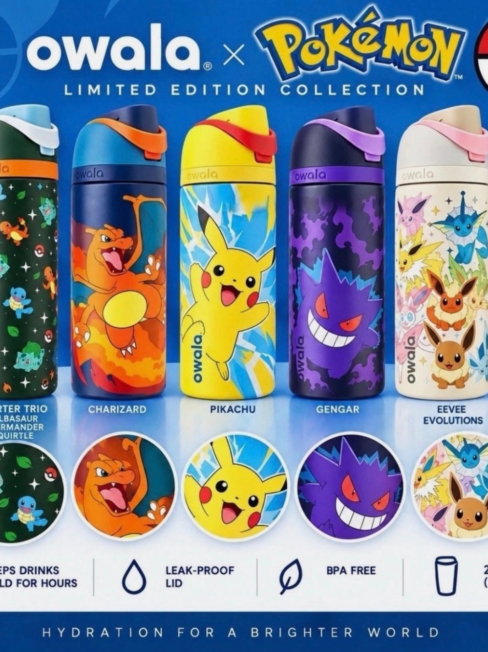 Owala Pokemon Free Sip Water Bottle Complete Set Special Edition (In Hand)